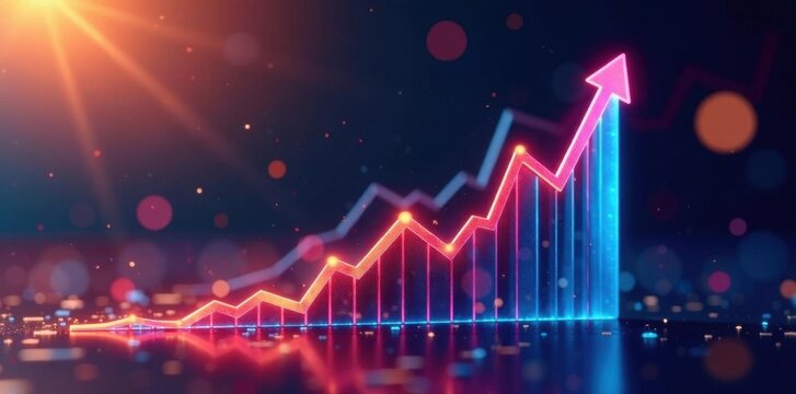 Upward trending line graph, vibrant colors, financial growth , statistics, technology, apex