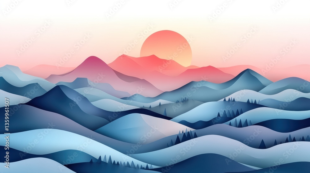 Poster stunning paper art landscape featuring layered mountains and hills with a rising sun in soft pastel 