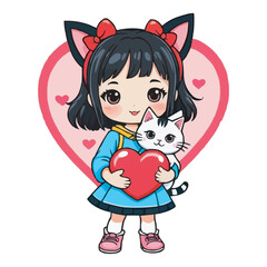 Cute Girl Holding a Cat Smiling Girl with Pet Cat in Heart Background. Kawaii Girl Hugging a Kitten Adorable Cartoon Illustration on white background
