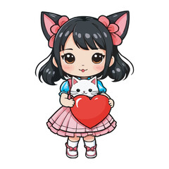 Cute Girl Holding a Cat Smiling Girl with Pet Cat in Heart Background. Kawaii Girl Hugging a Kitten Adorable Cartoon Illustration on white background