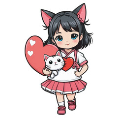 Cute Girl Holding a Cat Smiling Girl with Pet Cat in Heart Background. Kawaii Girl Hugging a Kitten Adorable Cartoon Illustration on white background