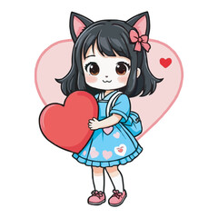 Cute Girl Holding a Cat Smiling Girl with Pet Cat in Heart Background. Kawaii Girl Hugging a Kitten Adorable Cartoon Illustration on white background