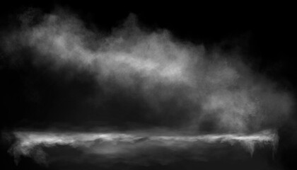 Night water with fog, magical glow of neon light above the water surface, night scene.