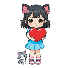 Cute Girl Holding a Cat Smiling Girl with Pet Cat in Heart Background. Kawaii Girl Hugging a Kitten Adorable Cartoon Illustration on white background