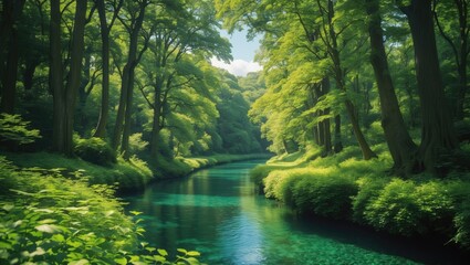 Among the foliage lies a woodland river. River landscape.