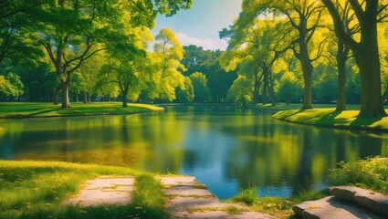 Fototapeta premium A lake in a park is encircled by lush green trees under sunlight, with a stone pathway in the foreground. This image is beautiful.