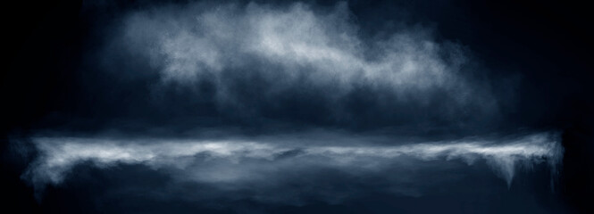 Night water with fog, magical glow of neon light above the water surface, night scene.