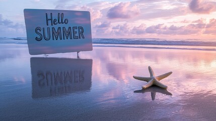 Tranquil sunrise beach with "Hello SUMMER" board gentle ocean waves pastel sky reflecting on wet sand and a single starfish in the foreground.