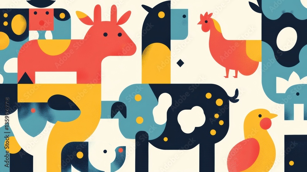 Poster minimalist geometric illustration showcasing colorful cows, pigs, and chickens in a modern artistic 