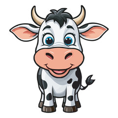 Cute Cartoon Cow with Black and White Spots on White Background. Adorable Cartoon Cow Illustration Kawaii Cow Drawing. Adorable Cartoon Cow Artwork. Cute Farm Animal Design