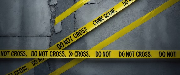 Yellow police line - do not cross on concrete wall backdrop with empty space. Crime scene dark banner for true crime narratives or investigations.