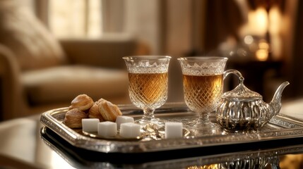 Traditional Moroccan mint tea served in ornate glasses with pastries on a silver tray in warm, inviting lighting