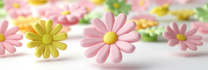 A collection of 3D-rendered colorful flowers in pink and yellow, floating against a soft blurred background