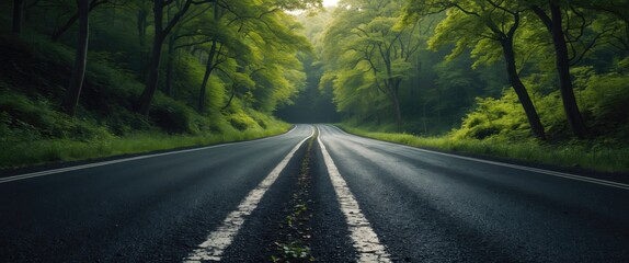 Asphalt road bisecting the forest diverges into left and right paths. Crossroads theme, critical choice.