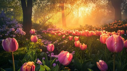 A radiant Easter sunrise over a tranquil garden, eggs hidden among tulips, and golden light enhancing the soft pastel hues. 