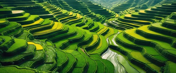 Aerial perspective of rice terraces. Abstract geometric patterns of agricultural plots in green hues. Drone image taken directly above the field.