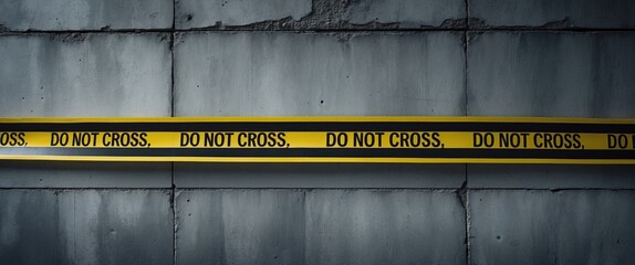 Yellow police tape - do not cross on concrete wall background with space for text. Crime scene dark banner for true crime narratives or investigations.