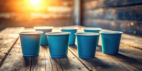 Naklejka premium A row of teal disposable cups sits on a rustic wooden surface, bathed in warm sunlight