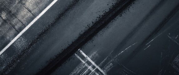 Aerial view from above of an abstract texture and background featuring car tire drift skid marks on a race track, black tire marks on a street racing circuit, automobile and automotive concept.