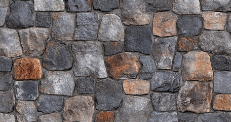 Obraz premium A close-up view of a stone wall made of variously shaped and colored stones, showcasing a rustic and textured appearance.