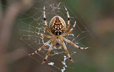 A detailed close-up of a spider on its web, showcasing intricate details of the spider's body and the web's structure. The background is blurred, drawing focus to the spider