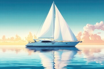 Fototapeta premium Sailboat gliding through tranquil waters with a relaxing sunset backdrop reflecting an artistic vision of freedom and adventure