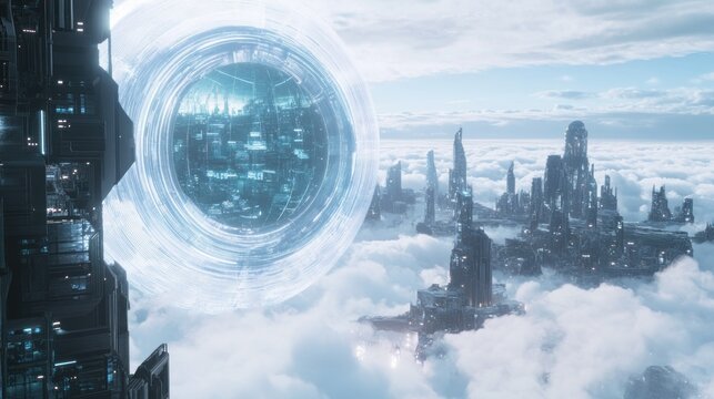 "A sci-fi city floating in the clouds, with transparent structures and anti-gravity technology, dreamlike atmosphere