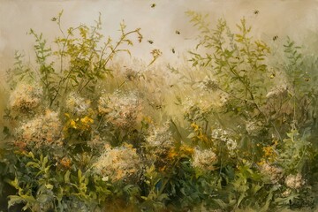 A soft and elegant floral background with muted golden hues and delicate blooming flowers, creating a dreamy and vintage aesthetic. Ideal for wedding invitations, wallpapers, and artistic decor.