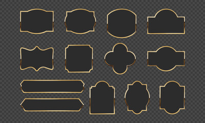 Classic black labels with gold borders in ornate style with blank space for text. Perfect for vintage branding, premium packaging and luxury designs. Vector illustration set