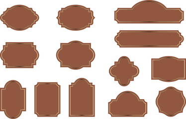 Classic vintage brown labels with gold decorative border and blank space. Ornate design for handmade and rustic products, traditional and crafted branding. Vector illustration collection