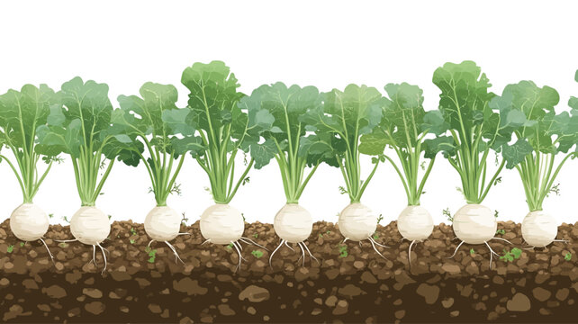 Digital illustration depicting a seamless horizontal row of turnip plants.  Each plant features white bulbous roots partially visible above dark brown soil, and a cluster of vibrant green leaves