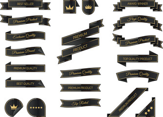 Set of stylish and luxury black and gold ribbons and banners. Includes Premium Product labels, Exclusive Quality badges and Best Seller ribbons. Isolated vector illustration designs