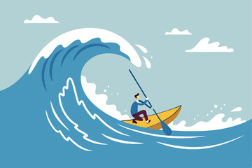 Escape from business crisis, recession or risk, adversity or challenge to survive danger, uncertainty or vulnerability, run away from trapped, hopeless concept, businessman escape from danger wave.