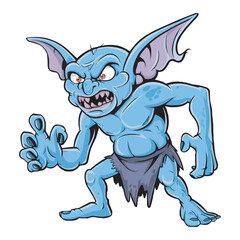 A goblin cartoon character sticker. Menacing Blue Goblin Monster Cartoon Illustration. Mythical Goblin Clipart. Cartoon Goblin with Sharp Teeth. Angry Troll Character for Fantasy & Gaming Designs