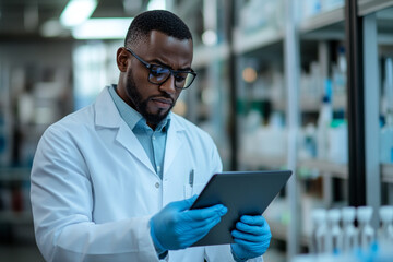African american scientist in lab coat using tablet in a laboratory with shelves behind him