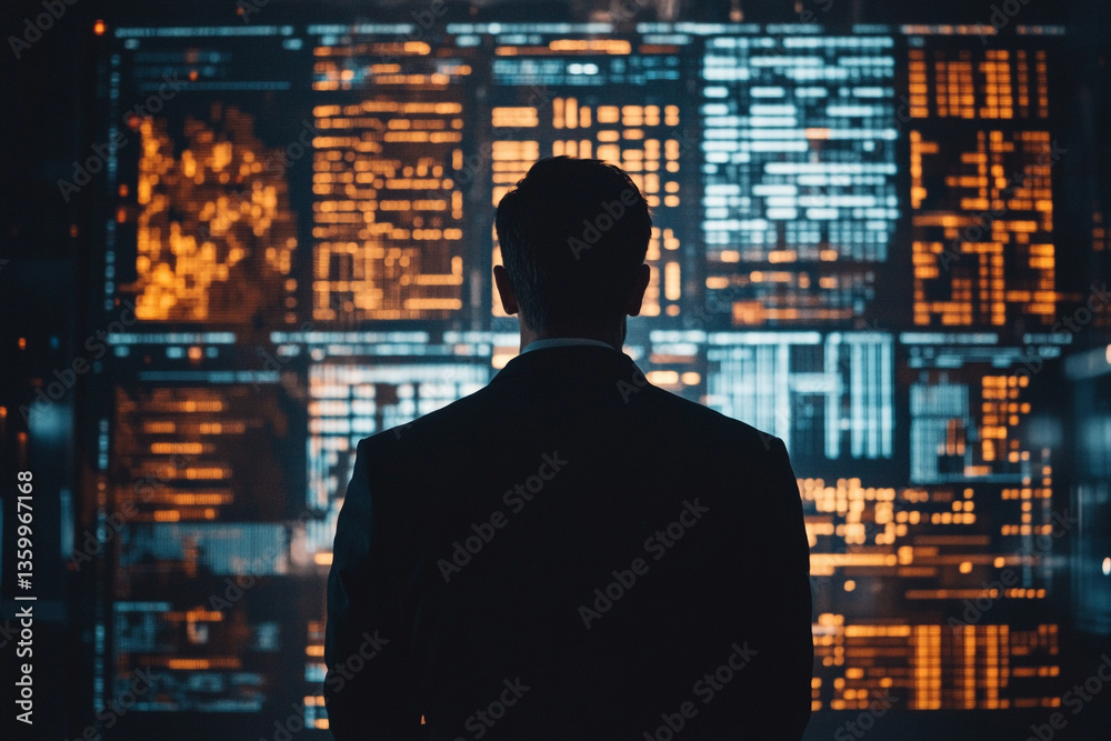 Poster a man in a suit looking at multiple screens displaying data and information in a dark environment
