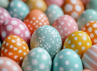 Fototapeta premium Colorful Decorative Easter Eggs with Playful Patterns in Soft Pastel Hues Surrounded by a Variety of Patterns and Textures in a Close-Up Arrangement