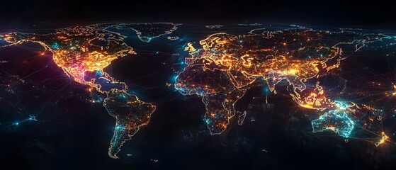 A connected world map with glowing neon lines