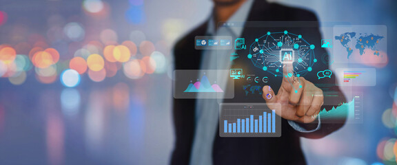 AI Powered business analytics and data visualization. Artificial intelligence in digital transformation and financial technology.