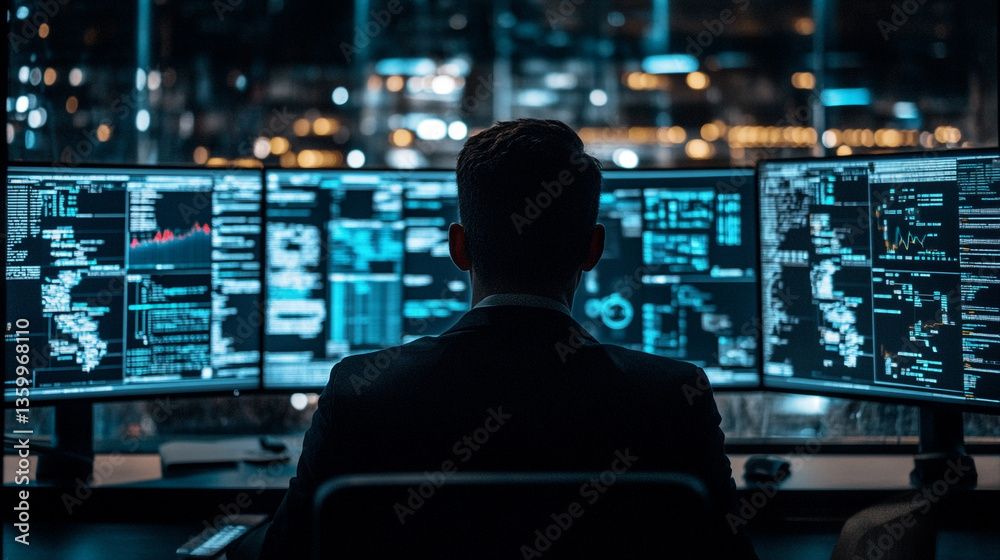 Poster a man in a suit sitting in front of three computer monitors displaying complex data at night time