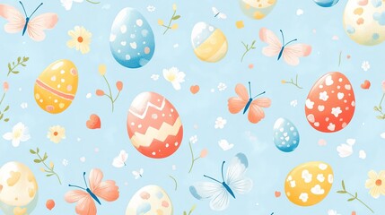 A seamless pastel pattern with Easter eggs, butterflies, and scattered flower petals on a soft sky-blue background 