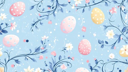 A seamless vector pattern with hand-drawn floral elements, swirling vines, and pastel polka-dotted eggs on a light blue background.  
