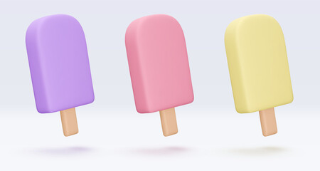 Ice cream, icon, 3d render set. Design elements. Realistic fast food icon. Sweet food. Vector illustration isolated on white background for menu, shop, flyer, banner, web, advertising, sale