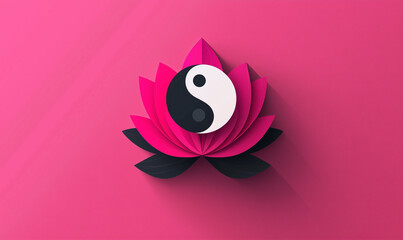 A vibrant lotus flower design featuring the yin-yang symbol on a pink background.