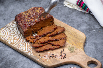 Seitan made of gluten, baked with spices