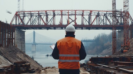 Civil Engineer with Clipboard Overseeing Construction Site Near Steel Bridge