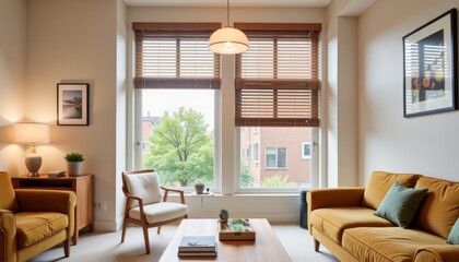 Elegant living room with natural light and wooden blinds, home comfort
