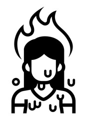 Woman sweating with flames above her head representing heat discomfort or spicy reaction.