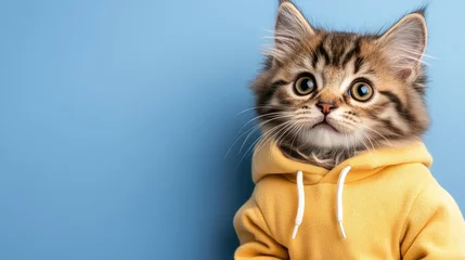 Fotobehang Dierenarts A fluffy cat wearing a yellow hoodie gazes amusingly at the camera with a vibrant blue backdrop enhancing its charm  © lililia