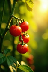 Golden sunlight illuminates vibrant red tomatoes ripening on lush green vines , garden scene, light, garden